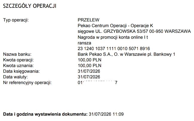 Potwierdzenie wypłaty 100 zł bonusu z Pekao